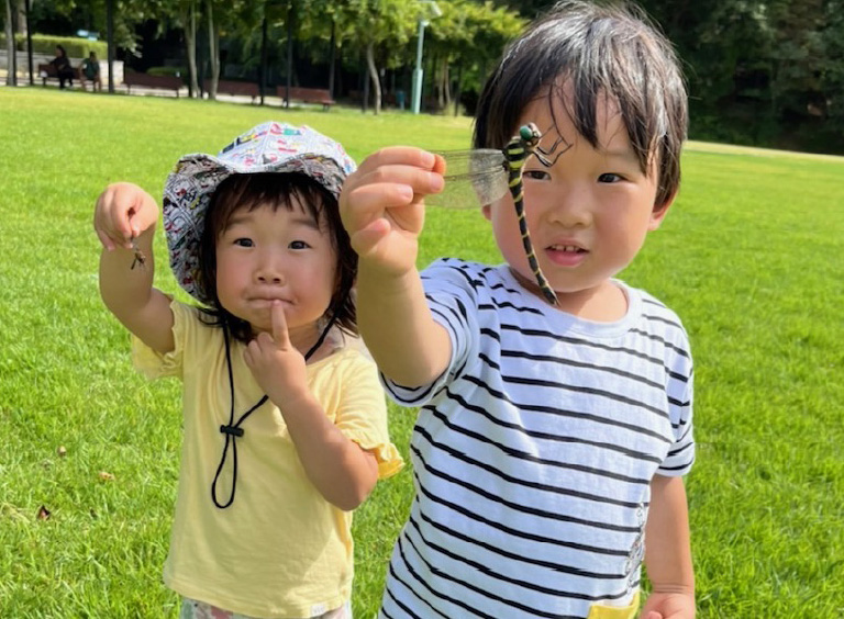 笠間市にある芸術の森公園で子供たちがトンボ採取