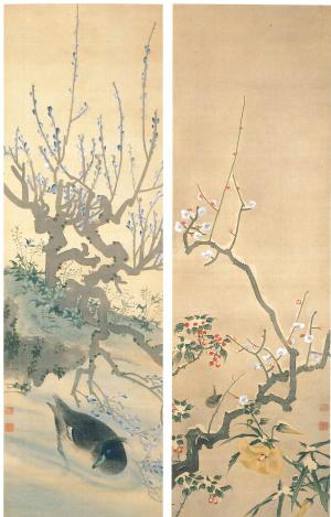 立原杏所《雪中小禽・柳下水禽図》絹本著色二幅 水戸市指定文化財