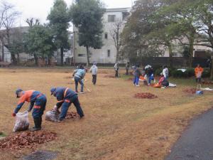 落ち葉かきをしている写真です