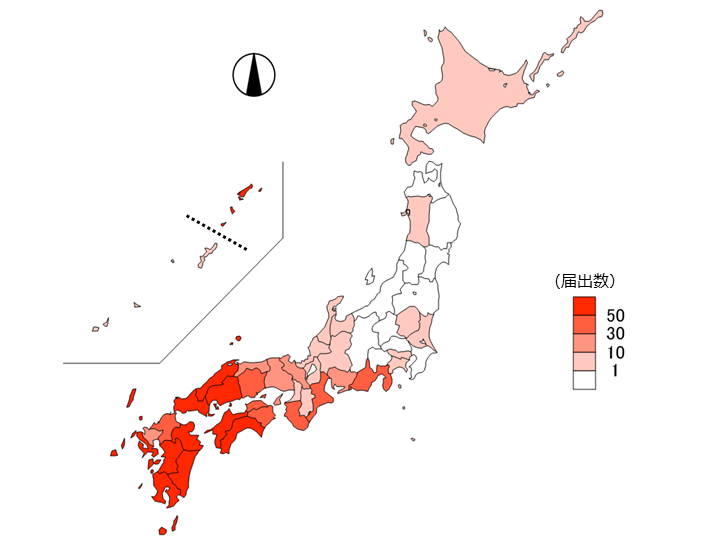 SFTS症例の届出地域