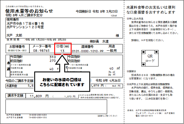 メーターの口径が使用水量のお知らせ(検針票)のどこに記載されているかを表しています。