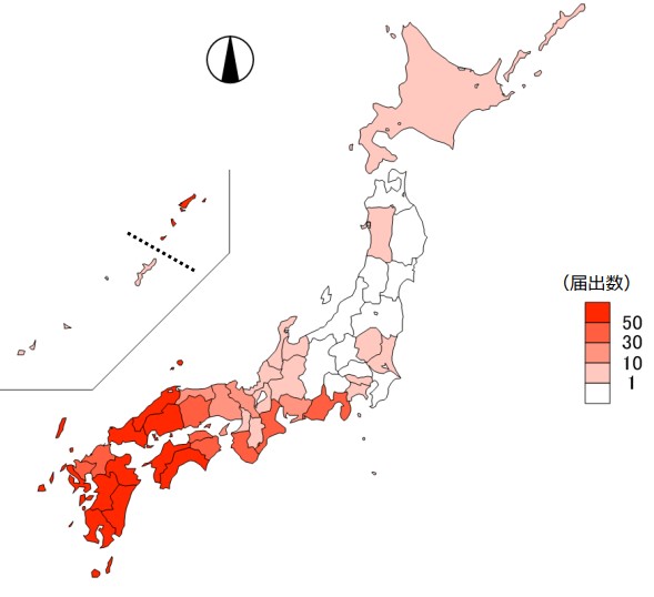 重症熱性血小板減少症候群（SFTS）症例の届出地域（2026年4月30日現在）