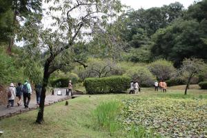 西山荘の敷地内を歩く参加者たち