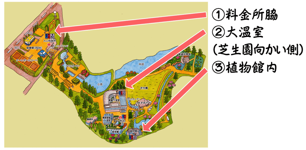 料金所脇・大温室芝生園向かい側・植物館内の画像