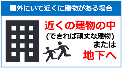 屋外にいて近くに建物がある場合・近くの建物の中(できれば頑丈な建物)または地下へ