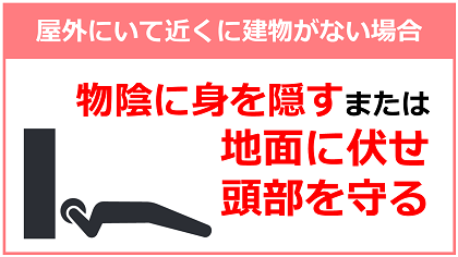 屋内にいて近くに建物がない場合・物陰に身を隠すまたは地面に伏せ頭部を守る