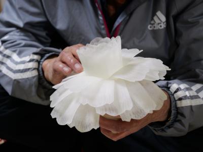 大根のかつらむきからボタンの花を作っている