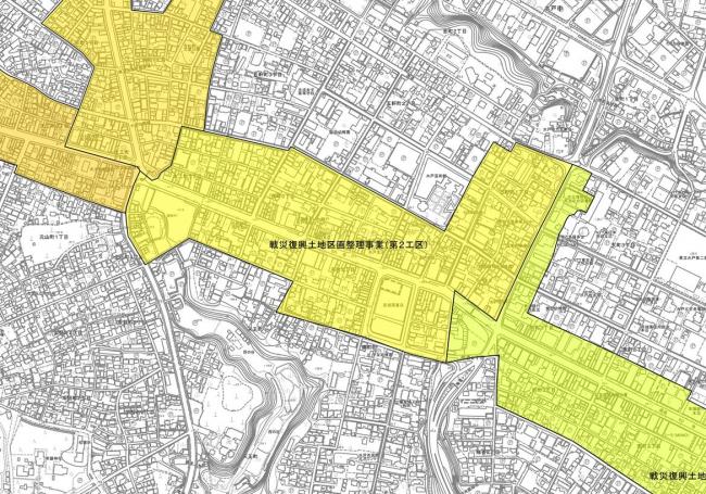 戦災復興土地区画整理事業(第二工区)の区域が示されています