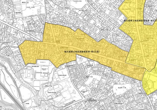 戦災復興土地区画整理事業(第四工区)の区域が示されています