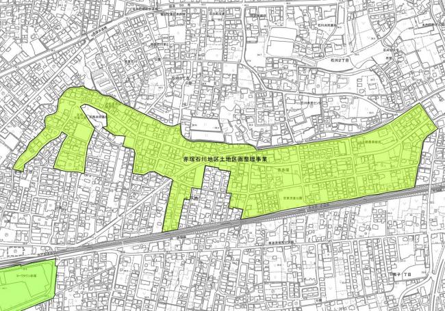 赤塚石川土地区画整理事業の区域が示されています