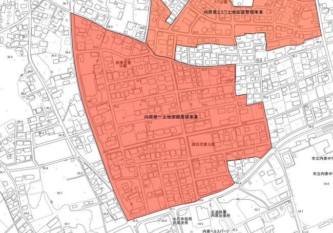 内原第一土地区画整理事業の区域が示されています