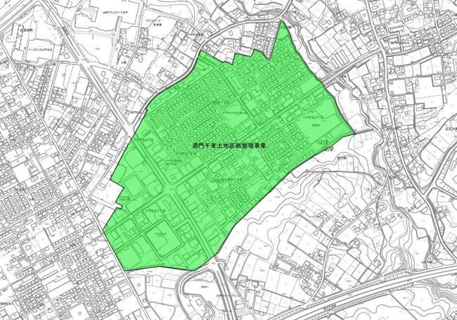 酒門千束土地区画整理事業の区域が示されています